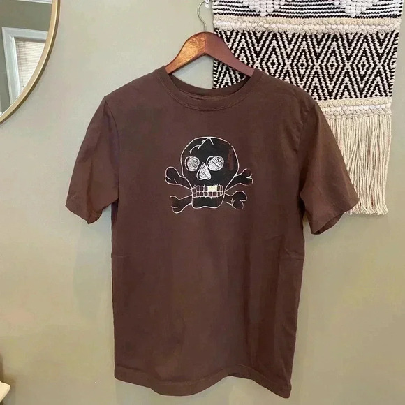 Y2K BROWN SKULL GRAPHIC SHORT SLEEVE TOP - Picture 1 of 4